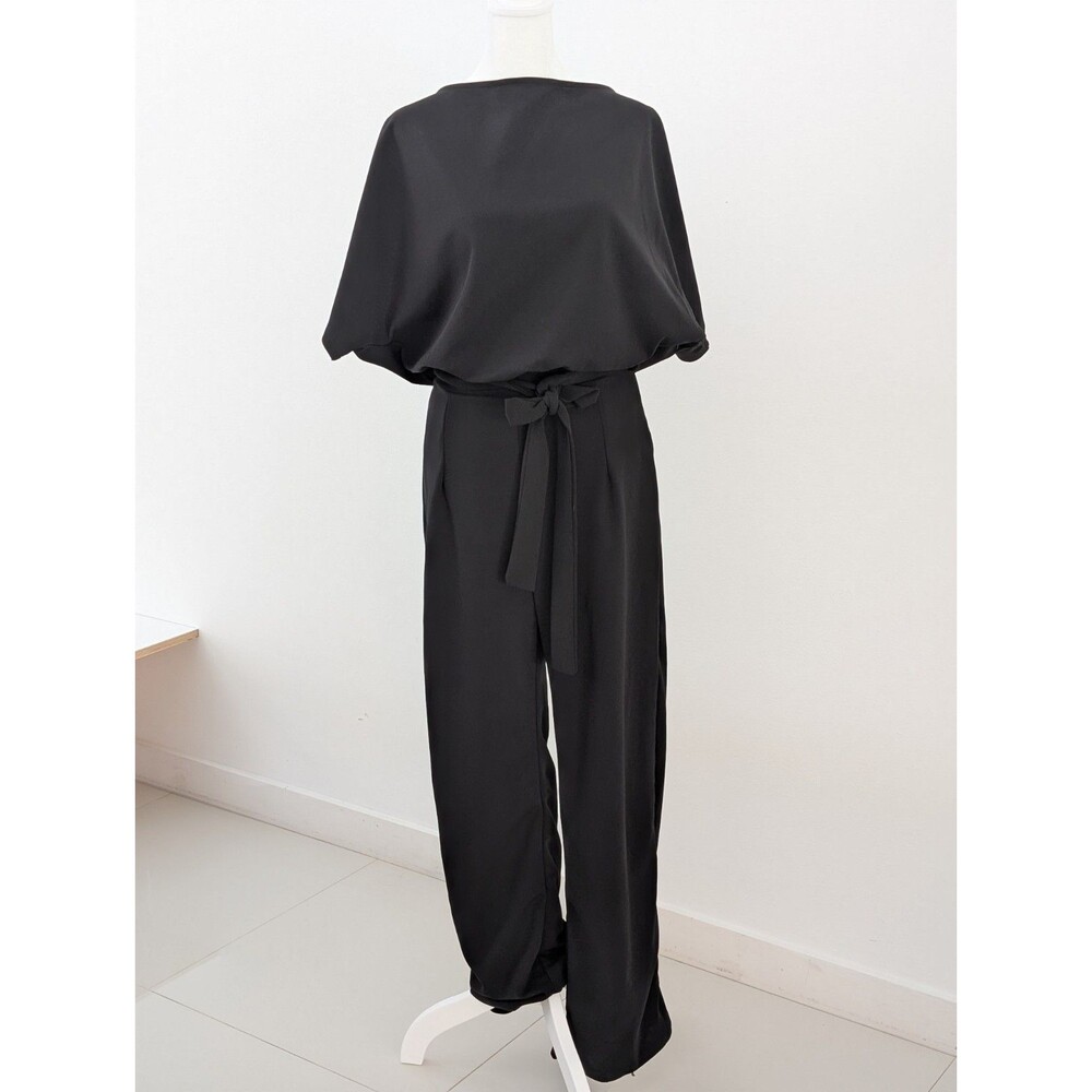 Unbranded Jumpsuit Women M Black Short Sleeves Wide Leg Waist Belt Casual
